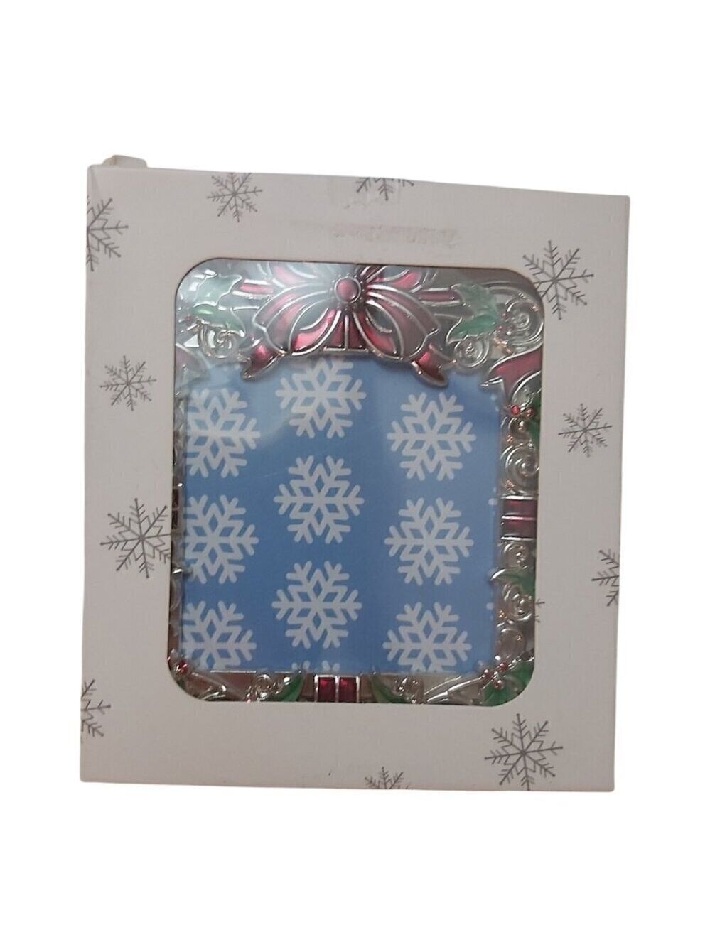 Square Christmas Tree Ornament with Painted Red Ribbon Frame & Bow–Photo Insert
